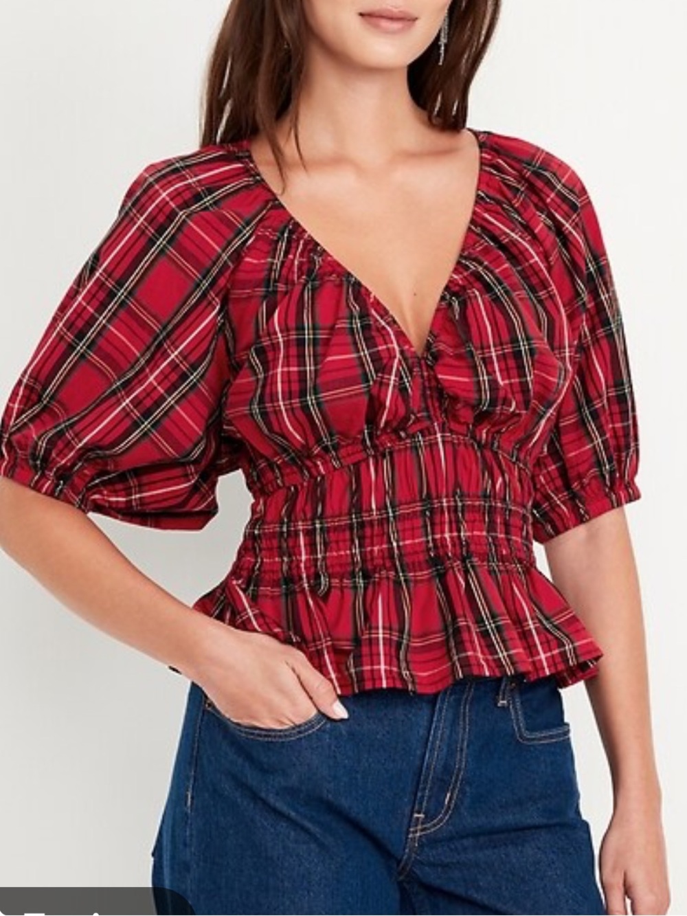 Old Navy red tartan Puff-Sleeve Peplum top smocked waist and v-neck large - Picture 1 of 10